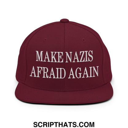 Maroon snapback cap with white embroidered text make nazis afraid again flat bill brim for casual wear