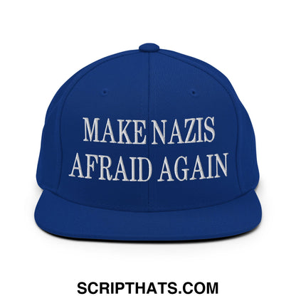 Royal blue snapback hat with white embroidered make nazis afraid again text and flat bill brim design