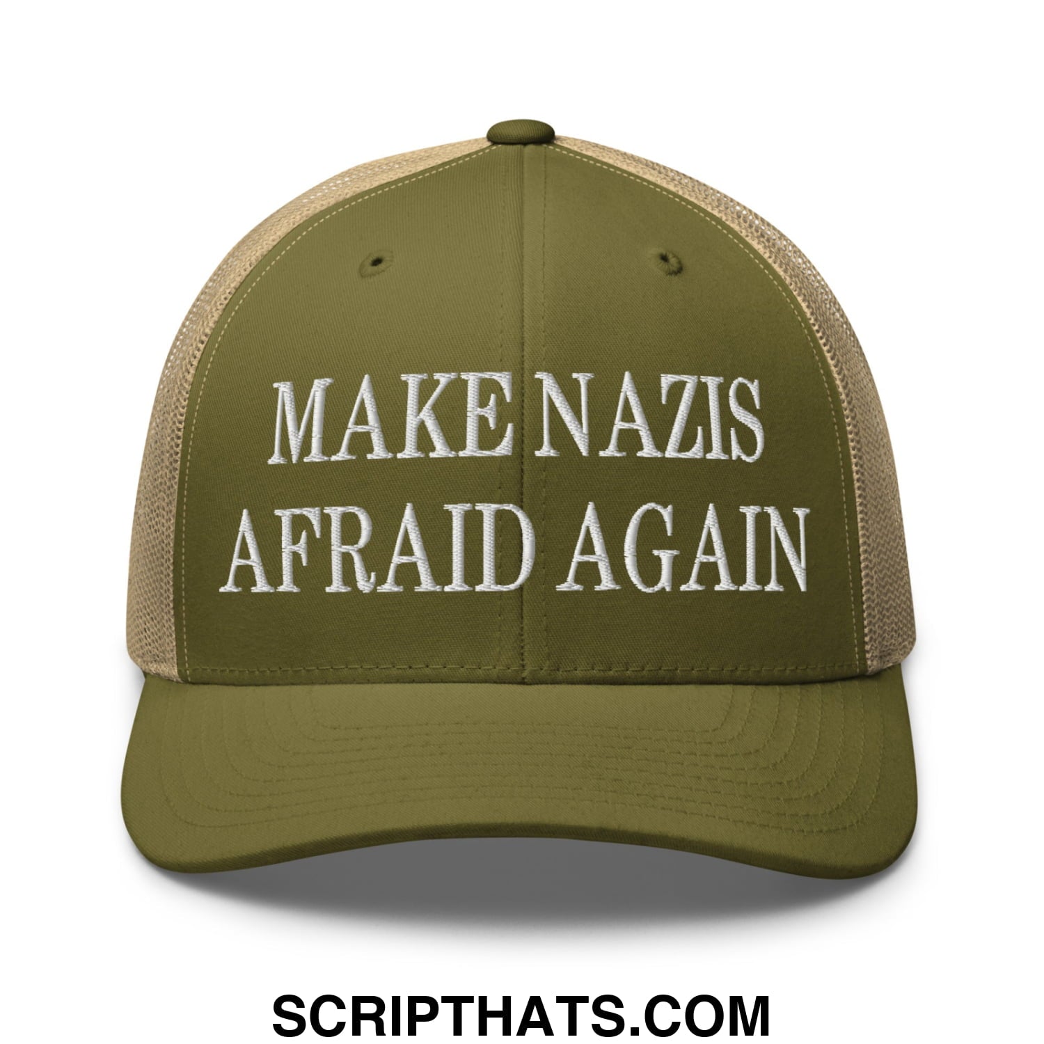 Olive green and tan mesh trucker hat with white embroidered text make nazis afraid again