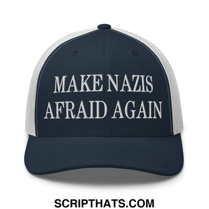 Navy blue and white mesh make nazis afraid again embroidered trucker hat with bold capitalized text