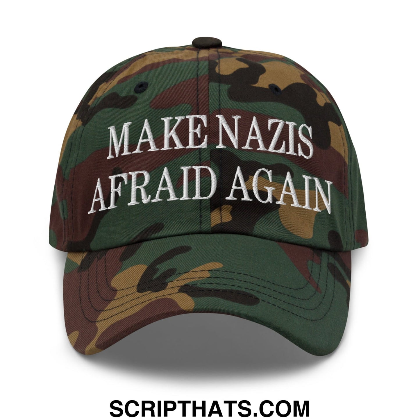 A camouflage-patterned unstructured dad hat with white embroidered text make nazis afraid again on the front