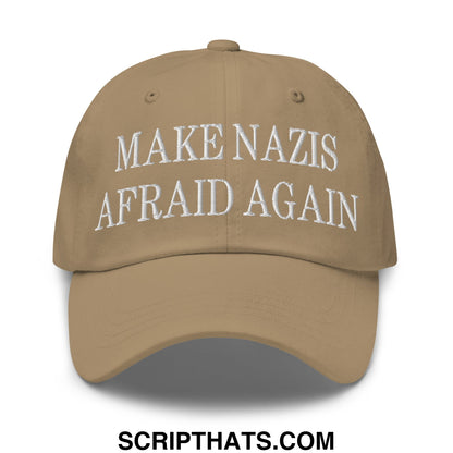 Tan unstructured dad hat baseball cap with white embroidered text make nazis afraid again for casual wear