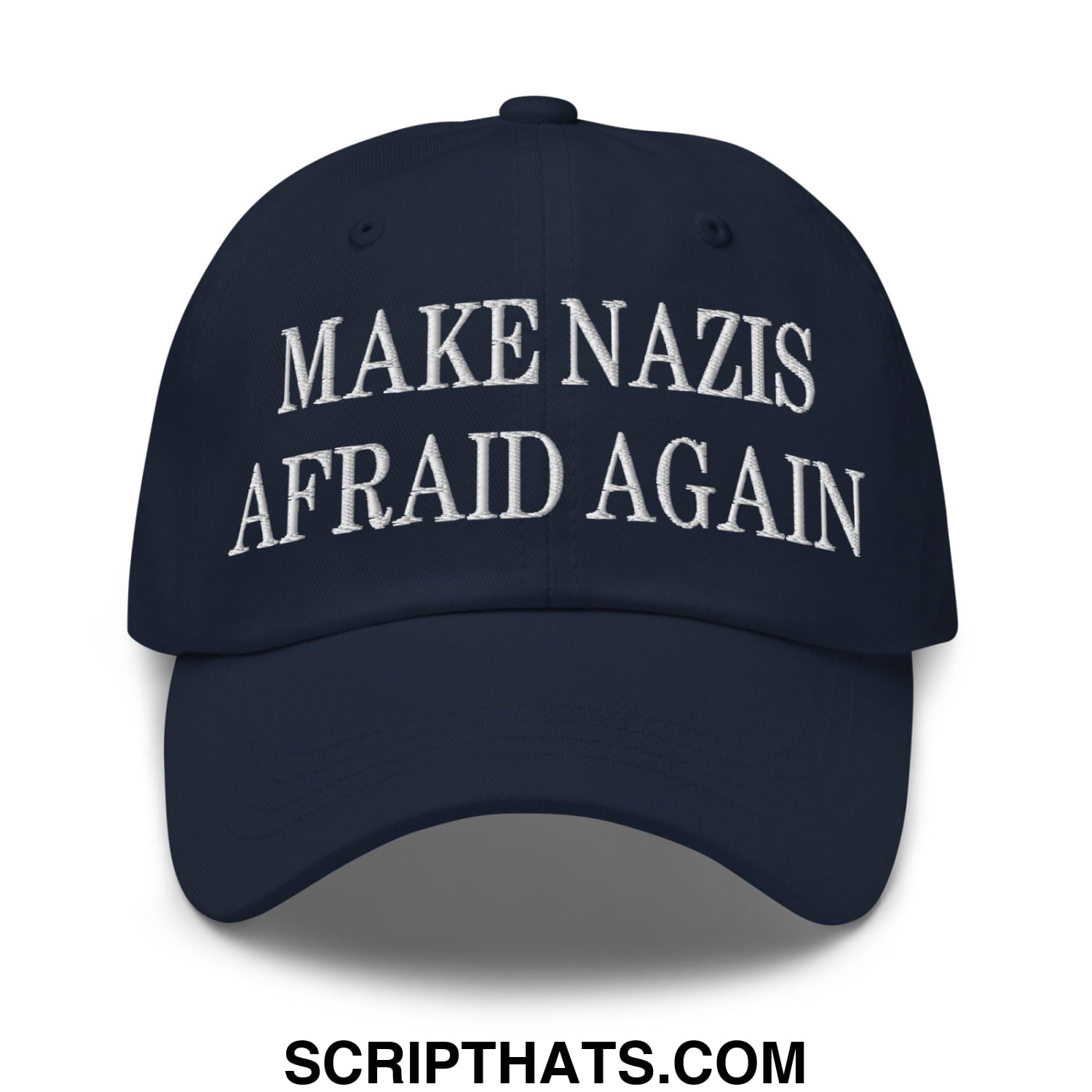 Navy blue unstructured dad hat with white embroidered text make nazis afraid again for casual wear