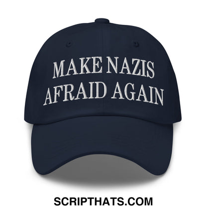 Navy blue unstructured dad hat with white embroidered text make nazis afraid again for casual wear