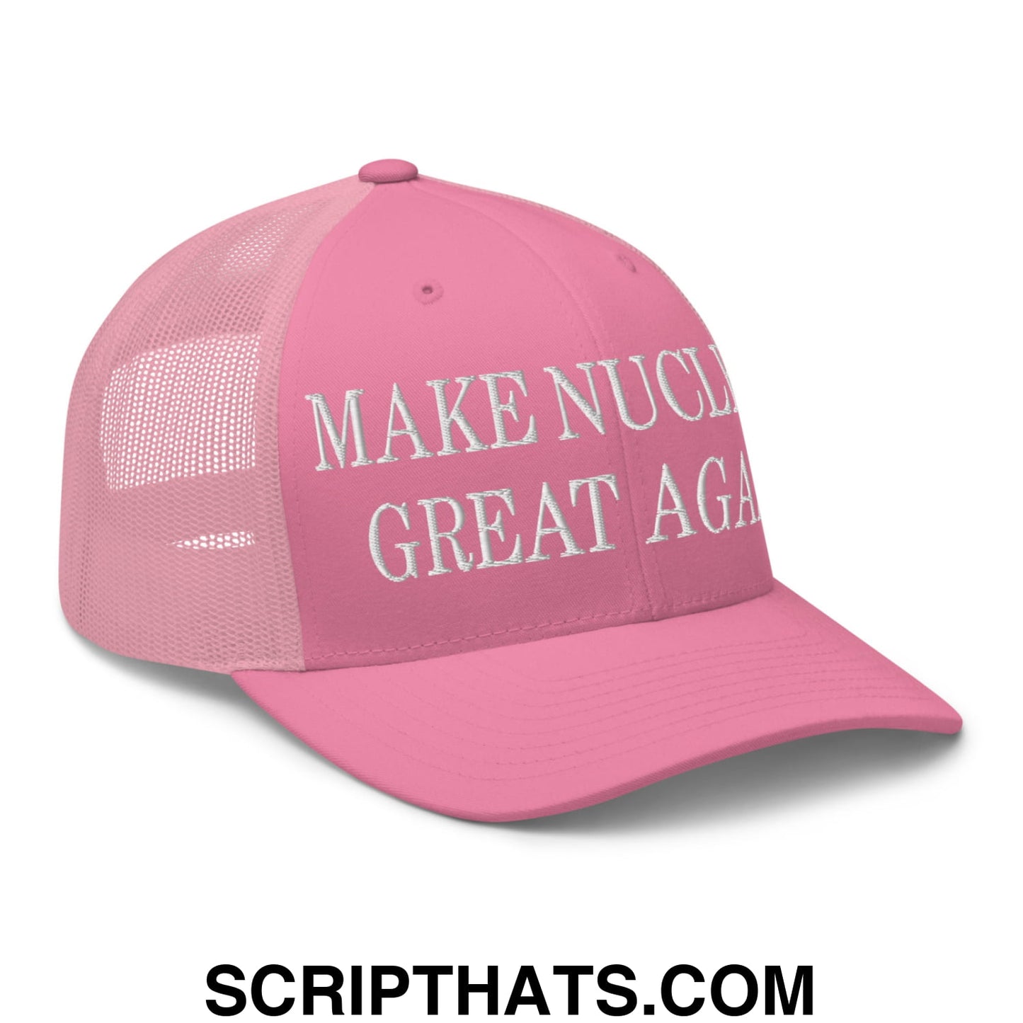 Pink mesh trucker hat with white embroidered make nuclear great again text on the front panel