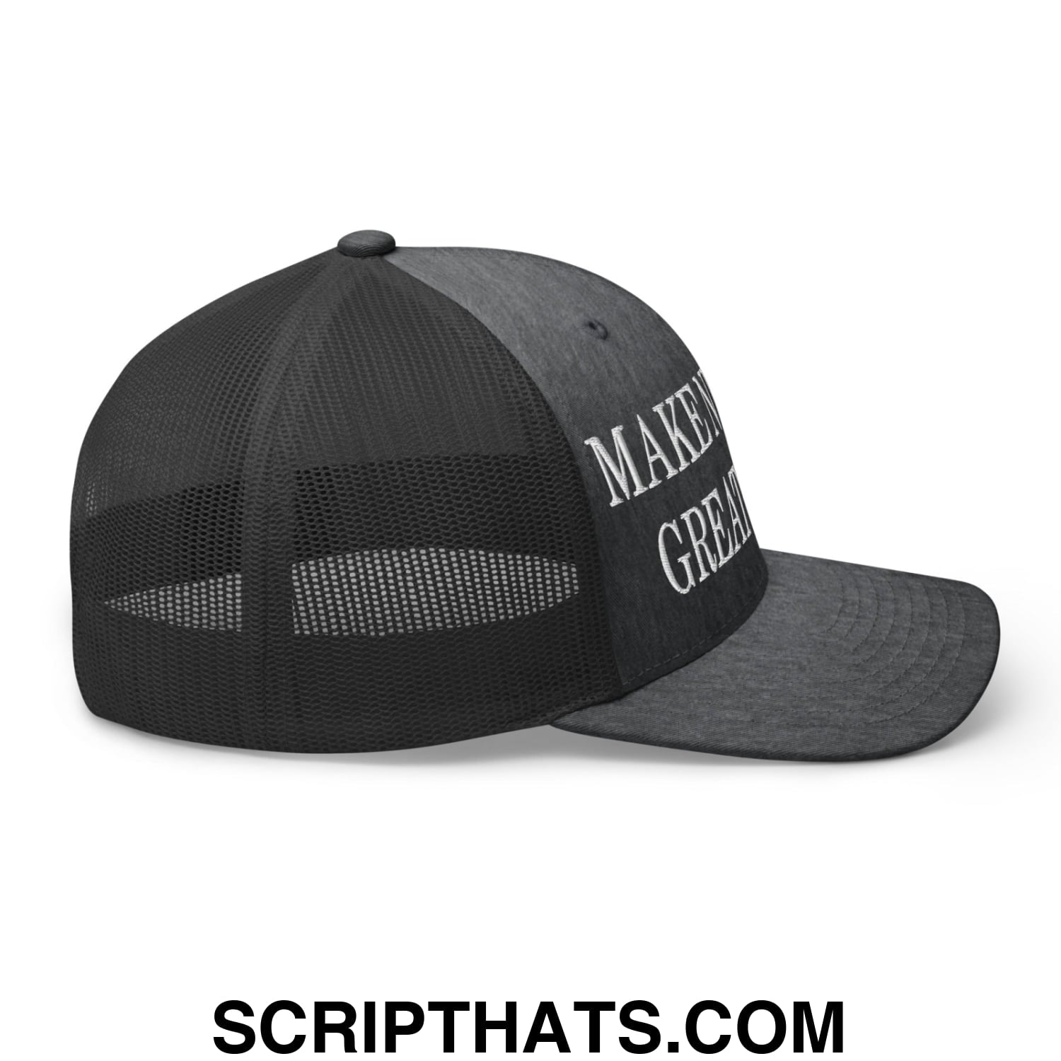 Black mesh trucker hat with curved brim and white embroidered make america great again text on front panel