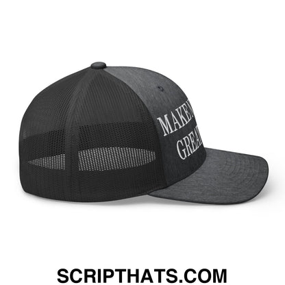 Black mesh trucker hat with curved brim and white embroidered make america great again text on front panel