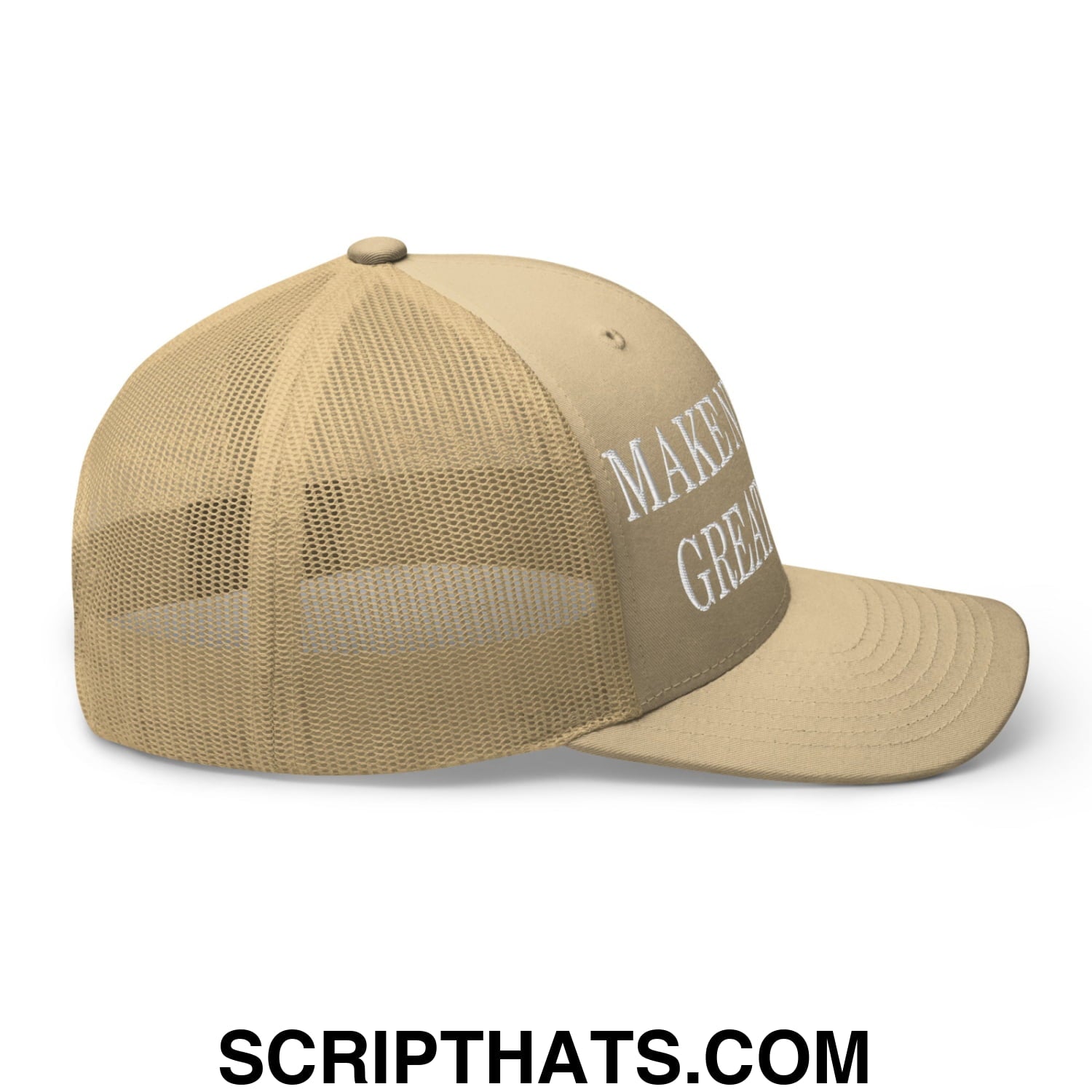 Tan mesh trucker hat with white make america great again embroidered text on front panel titled make nuclear great again