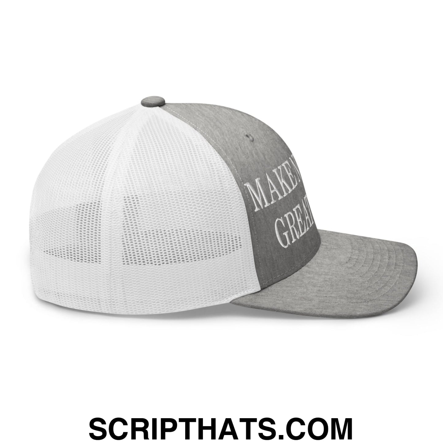 Gray and white mesh trucker hat with make it great embroidered in gray thread on the front panel