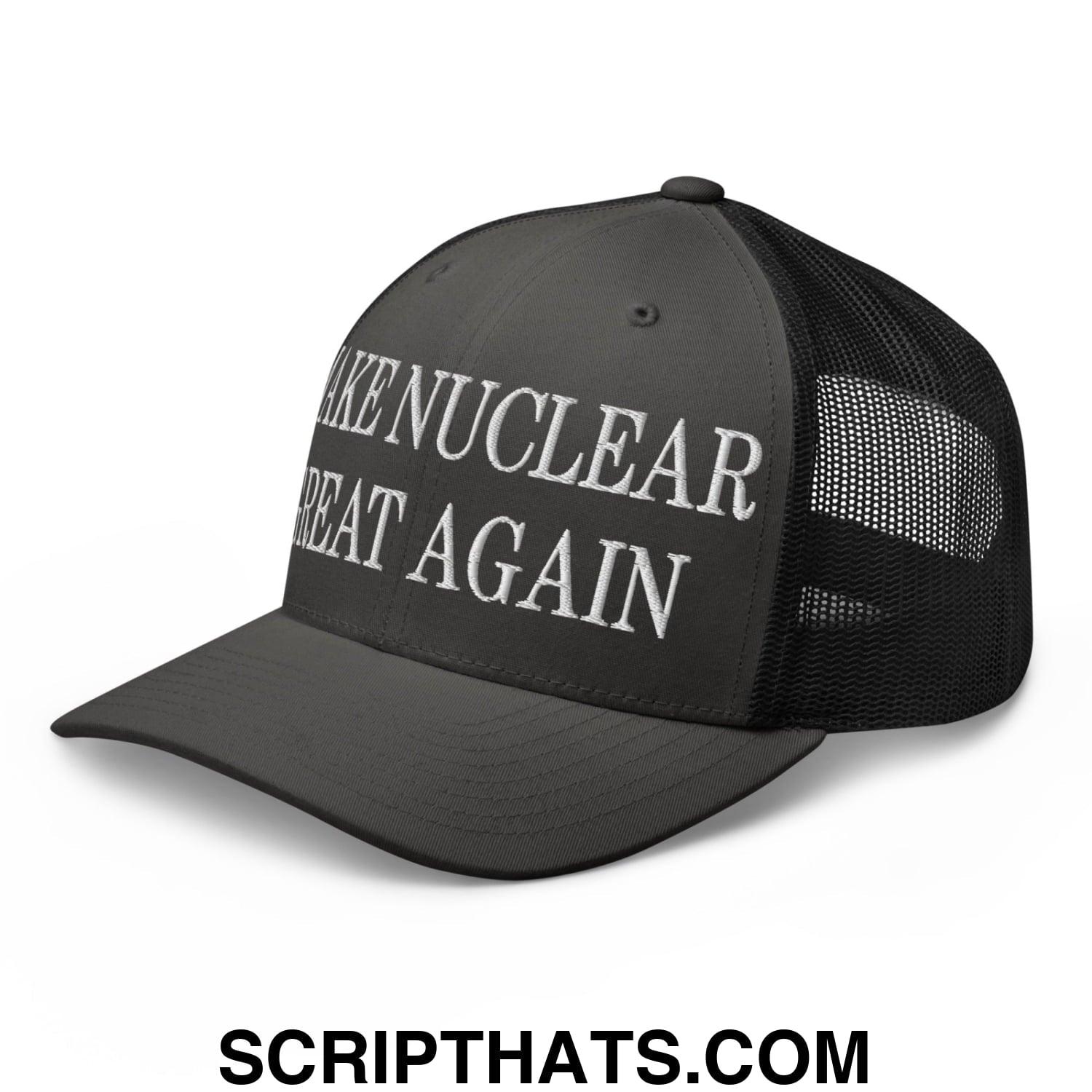 Black mesh trucker hat with white embroidered make nuclear great again text on front panels