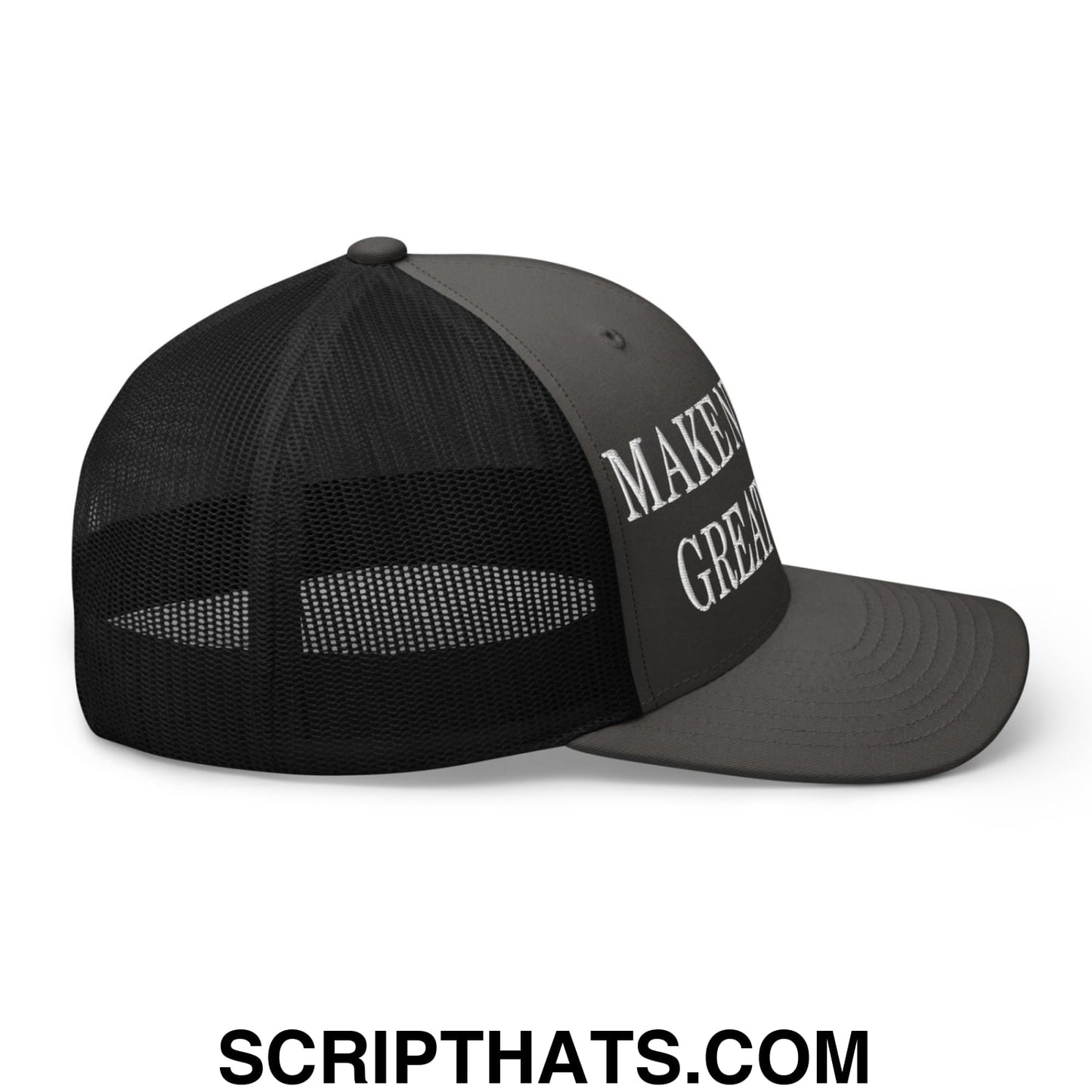 Black Make Nuclear Great Again embroidered mesh trucker hat with gray front panel and white text on side