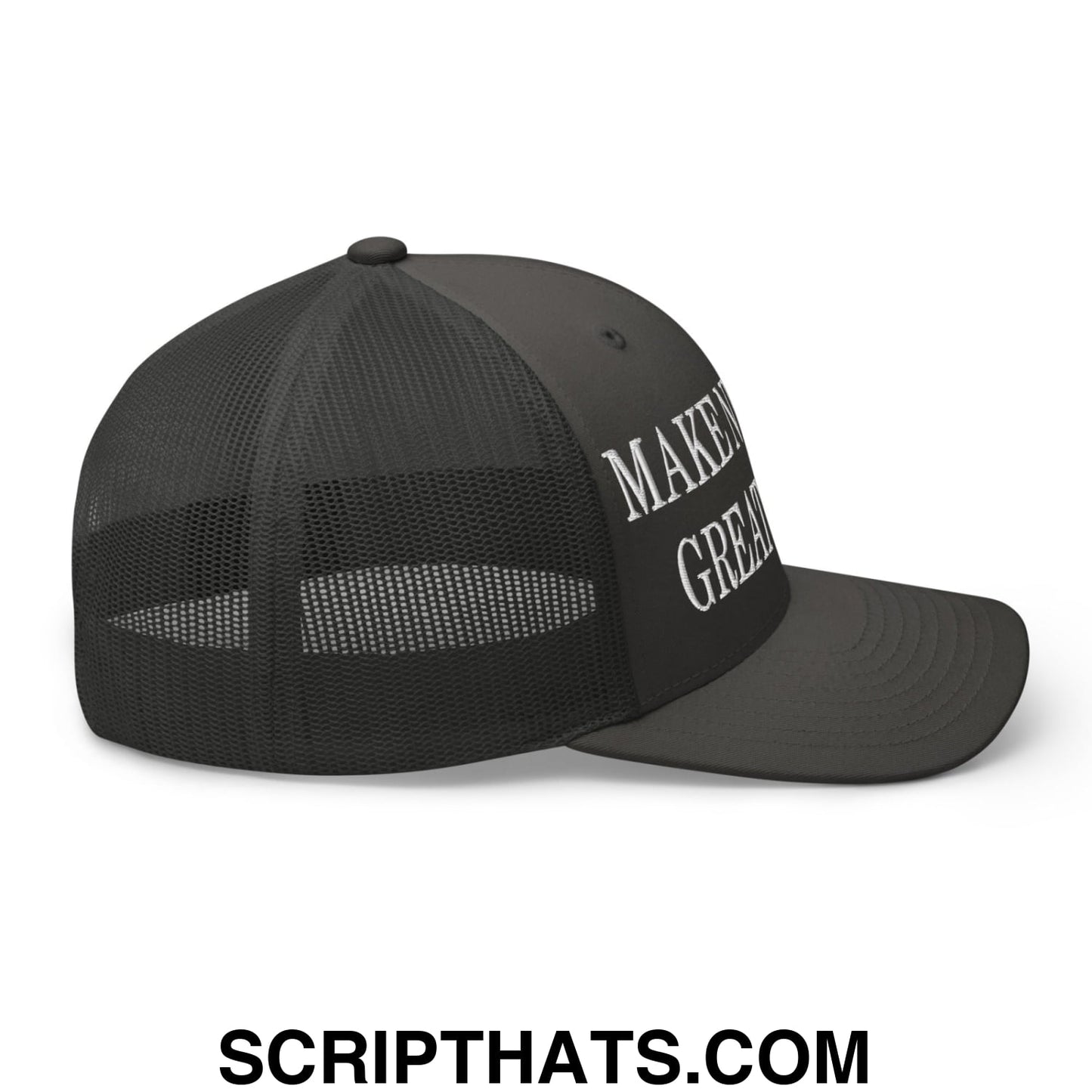 Black mesh trucker hat with white embroidered make it great text part of make nuclear great again collection