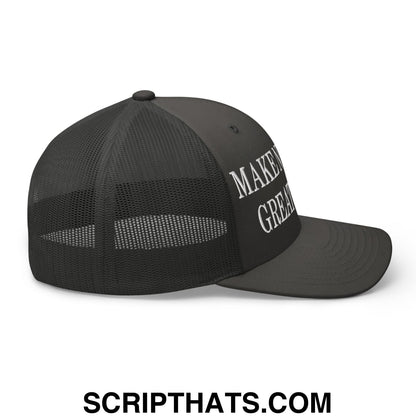 Black mesh trucker hat with white embroidered make it great text part of make nuclear great again collection