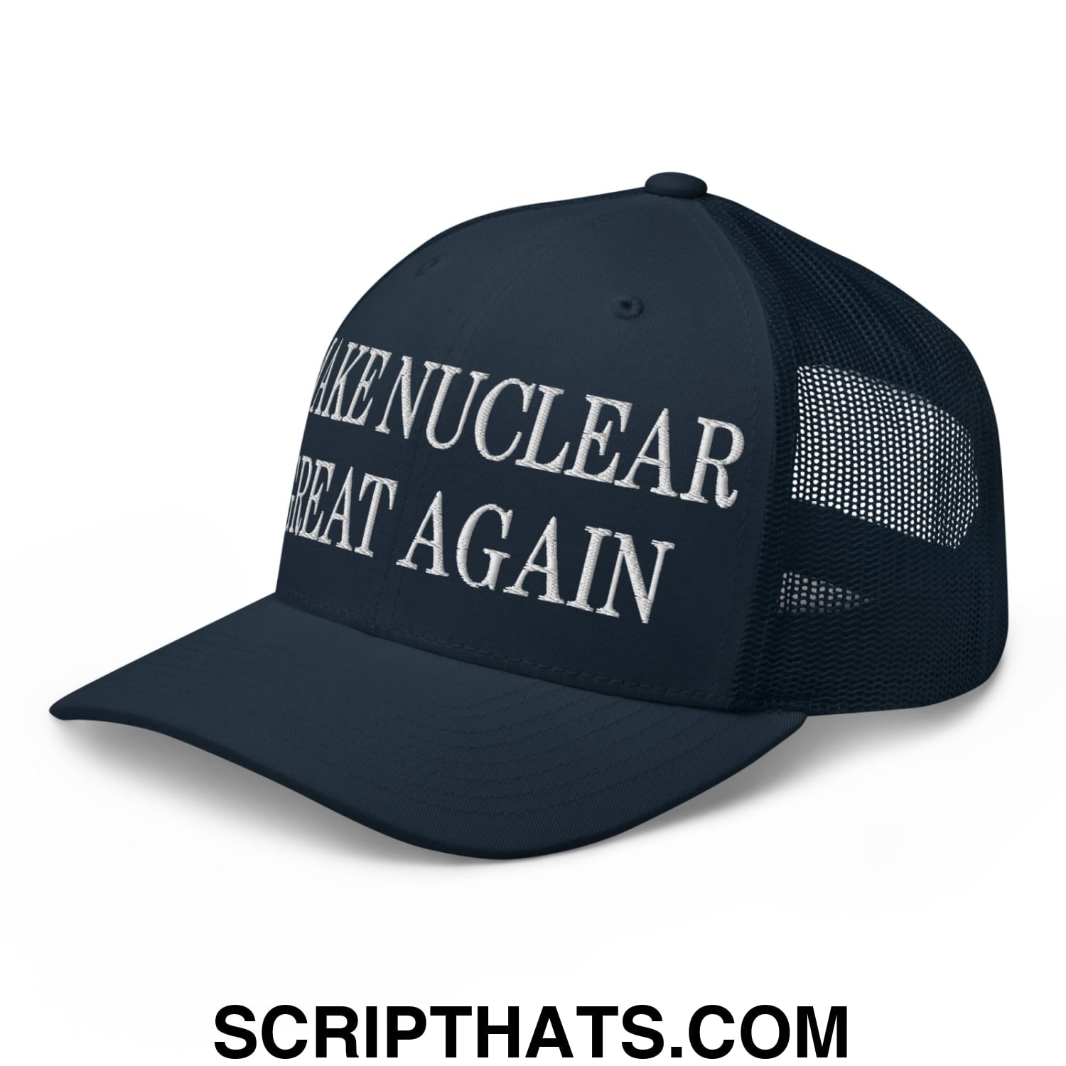 Dark navy mesh trucker hat with white embroidered make nuclear great again text on front panel