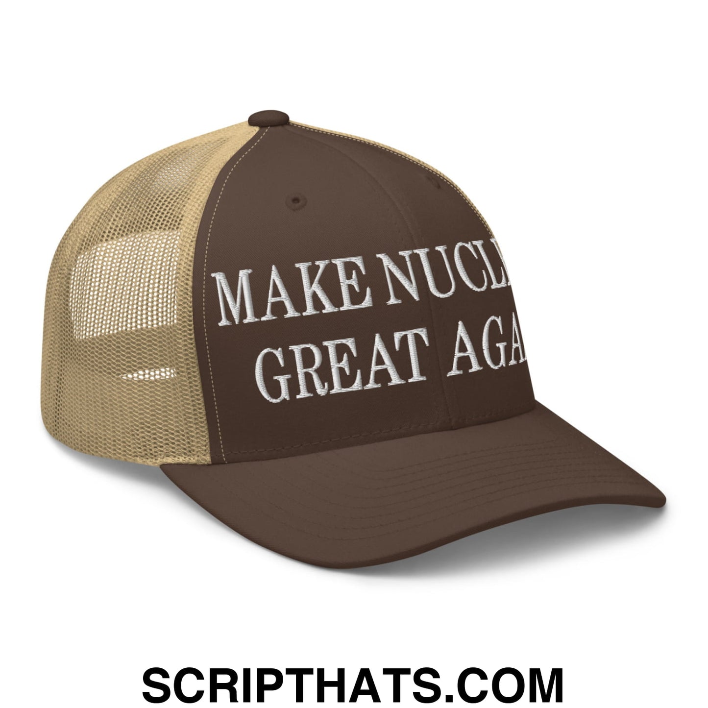 Brown and tan mesh trucker hat with white embroidered make nuclear great again text on front panel