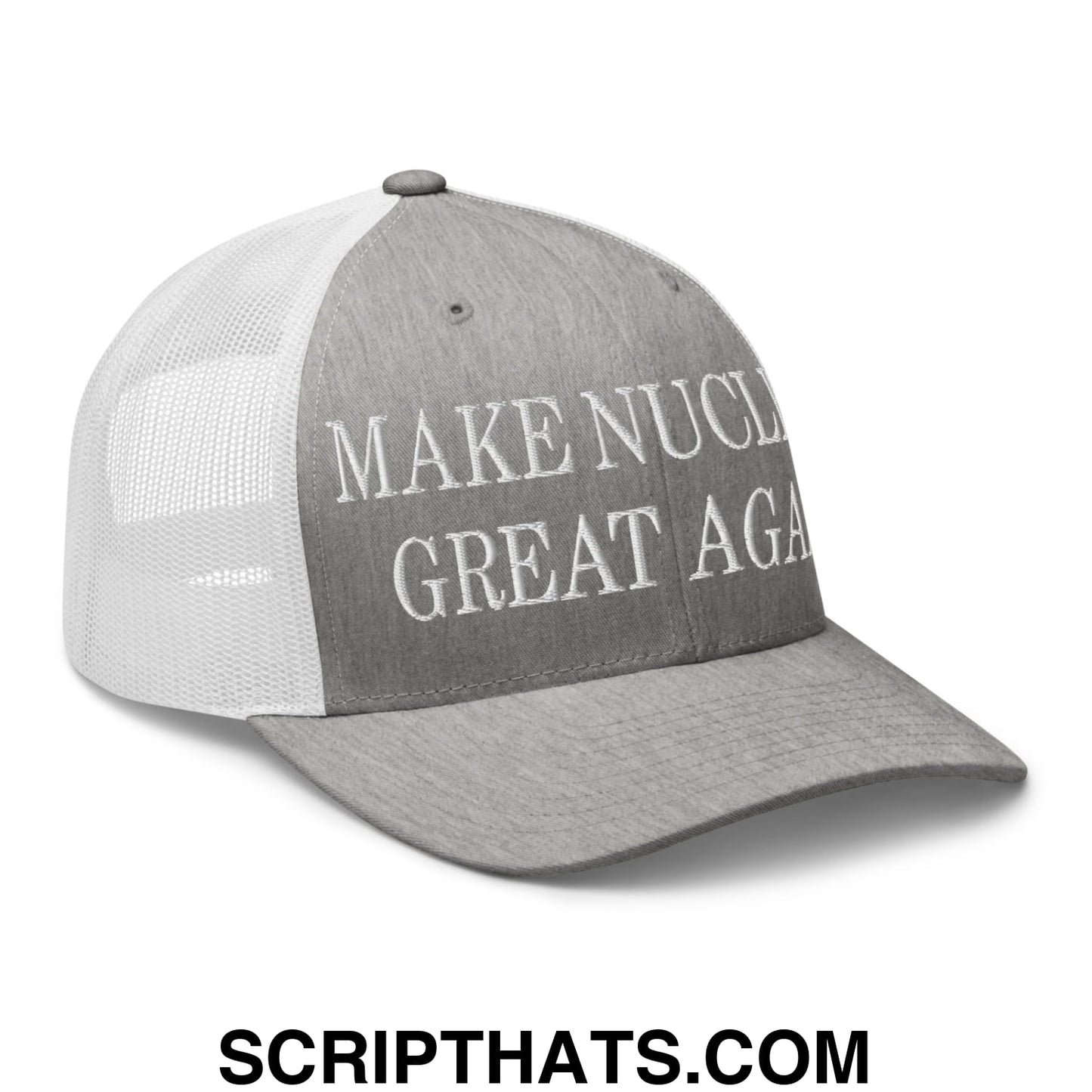 Gray and white mesh trucker hat with make nuclear great again embroidered in white thread on the front panel