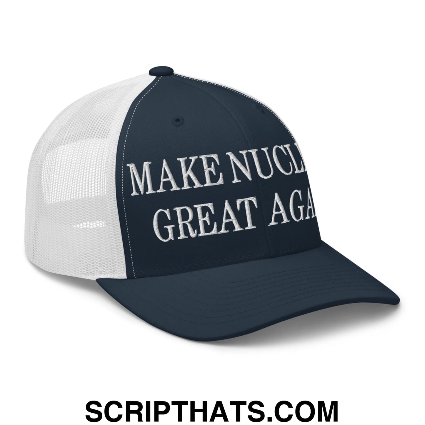 Navy blue and white mesh trucker hat with embroidered make nuclear great again text on front panel