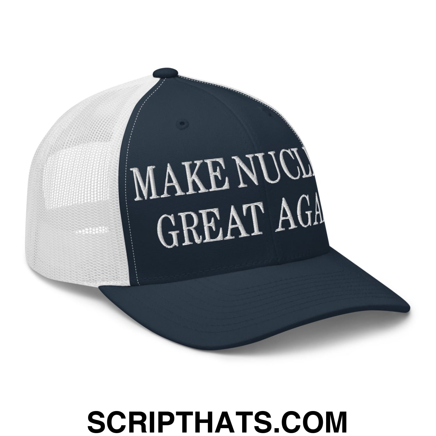 Navy blue and white mesh trucker hat with embroidered make nuclear great again text on front panel