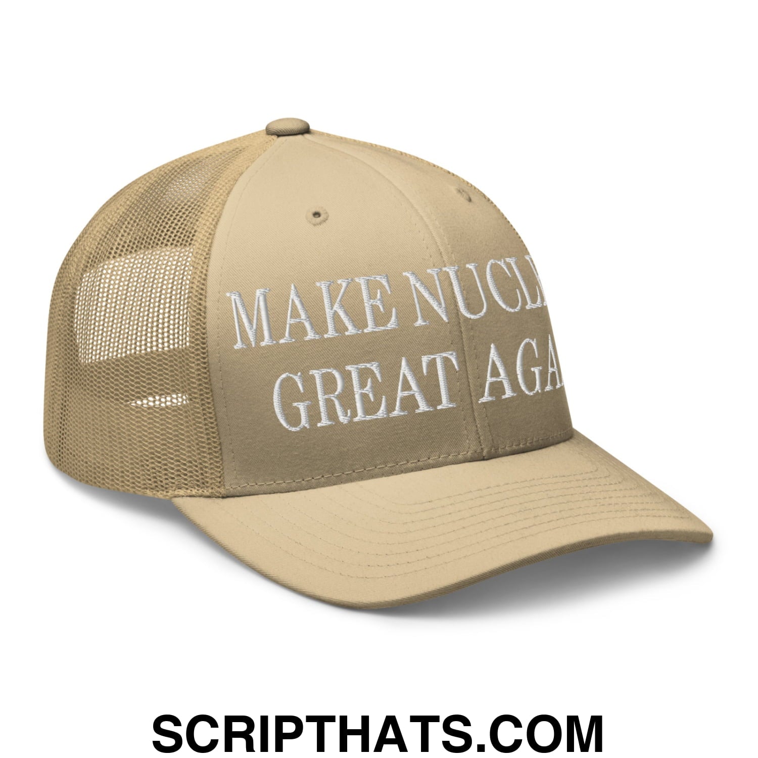 Beige embroidered mesh trucker hat with white make nuclear great again text on front panels