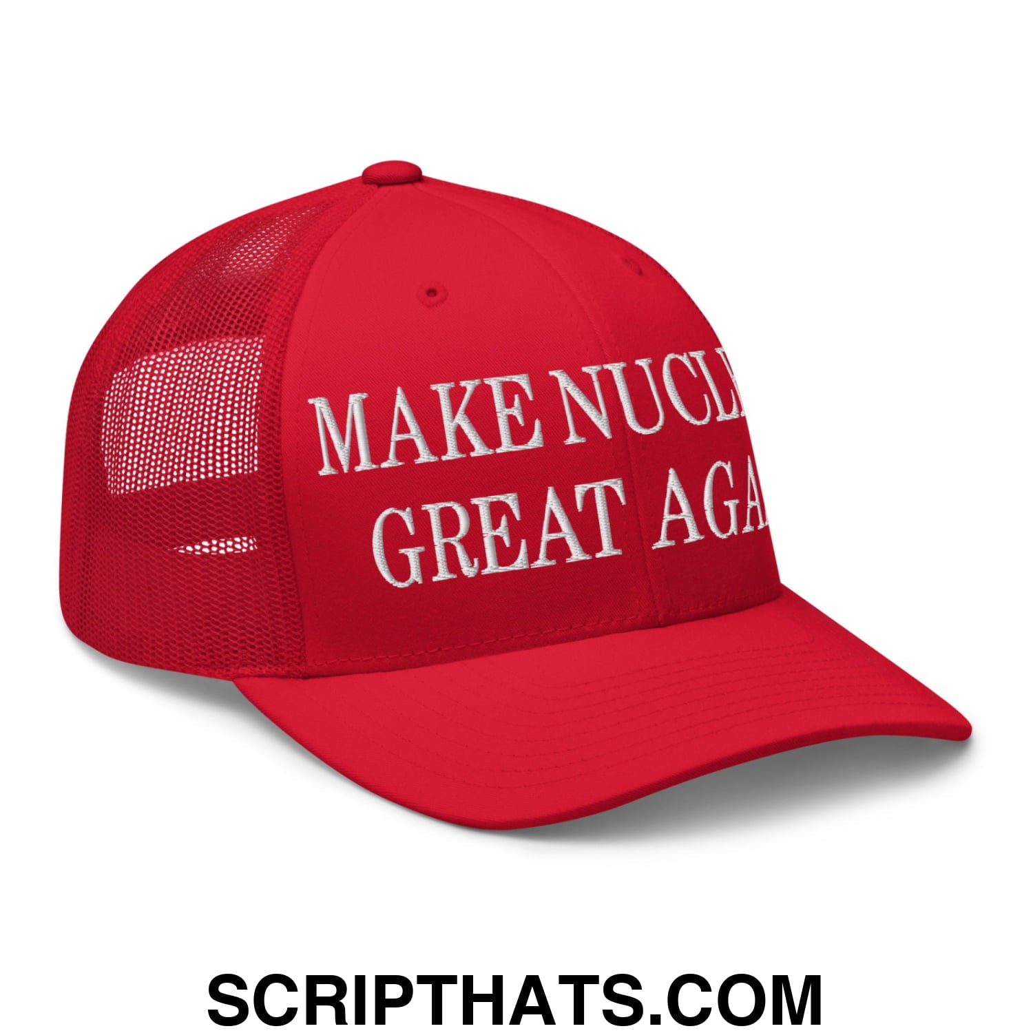 Red embroidered mesh trucker hat with white make nuclear great again text on the front panel