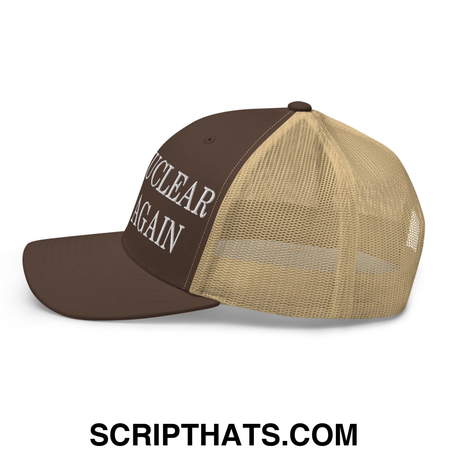 Brown and tan mesh trucker hat with nuclear again embroidered in white on front panel for casual wear