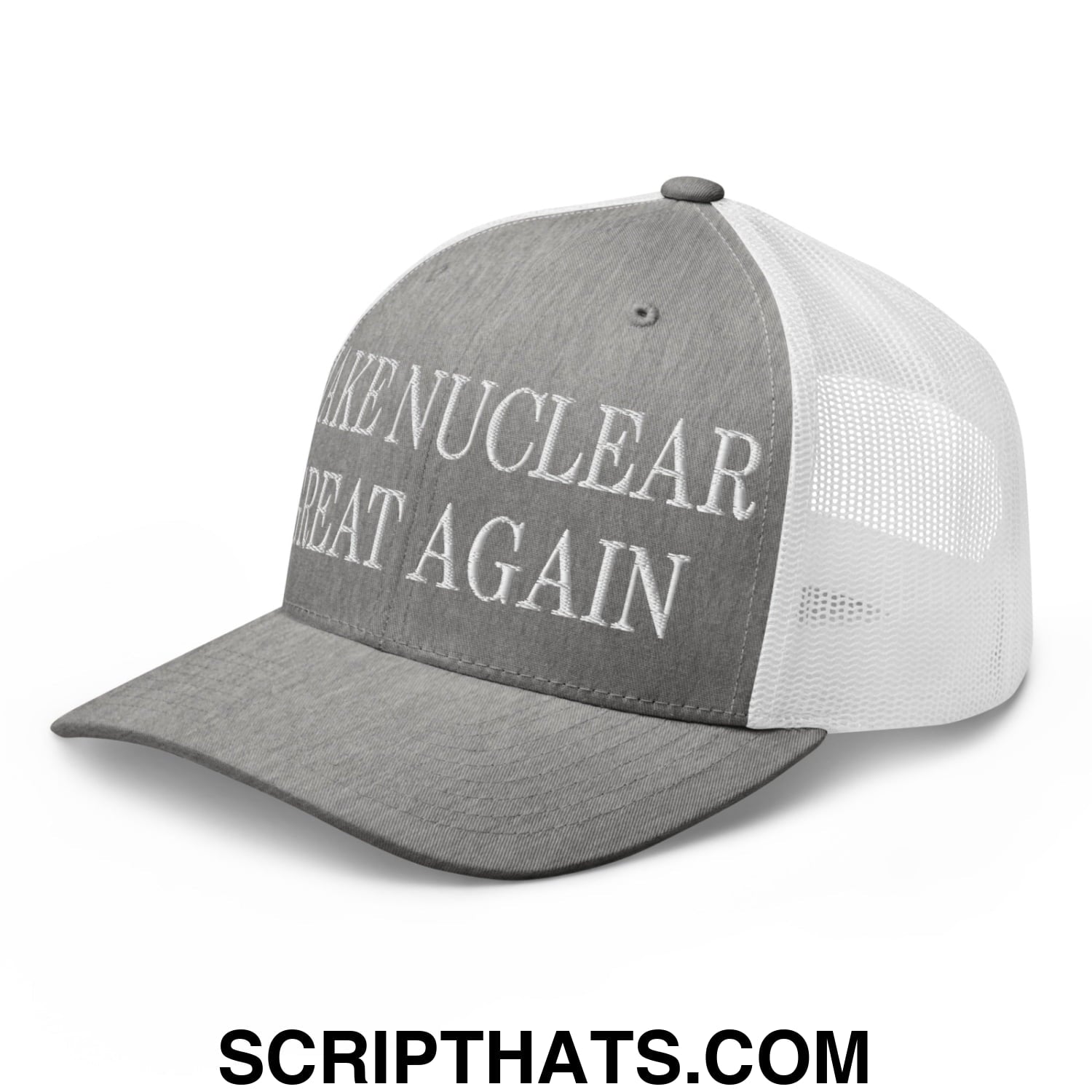 Gray and white mesh trucker hat embroidered with make nuclear great again on the front panel