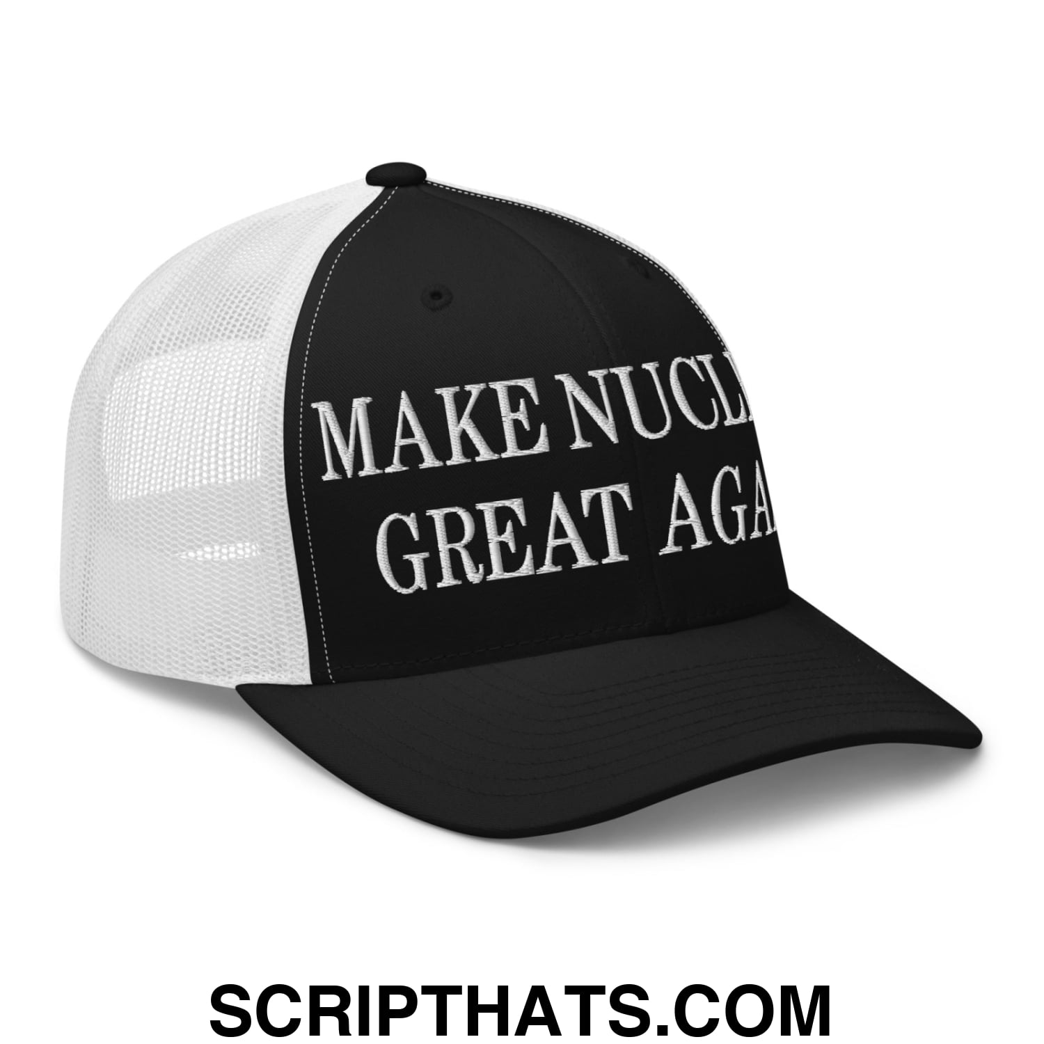 Black and white mesh trucker hat with bold embroidered make nuclear great again text on front panel