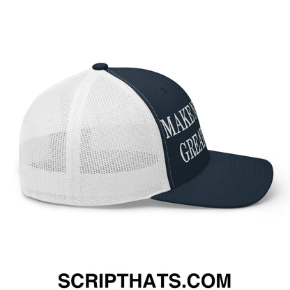 Navy blue and white mesh trucker hat with make america great again embroidered in silver thread on front panel