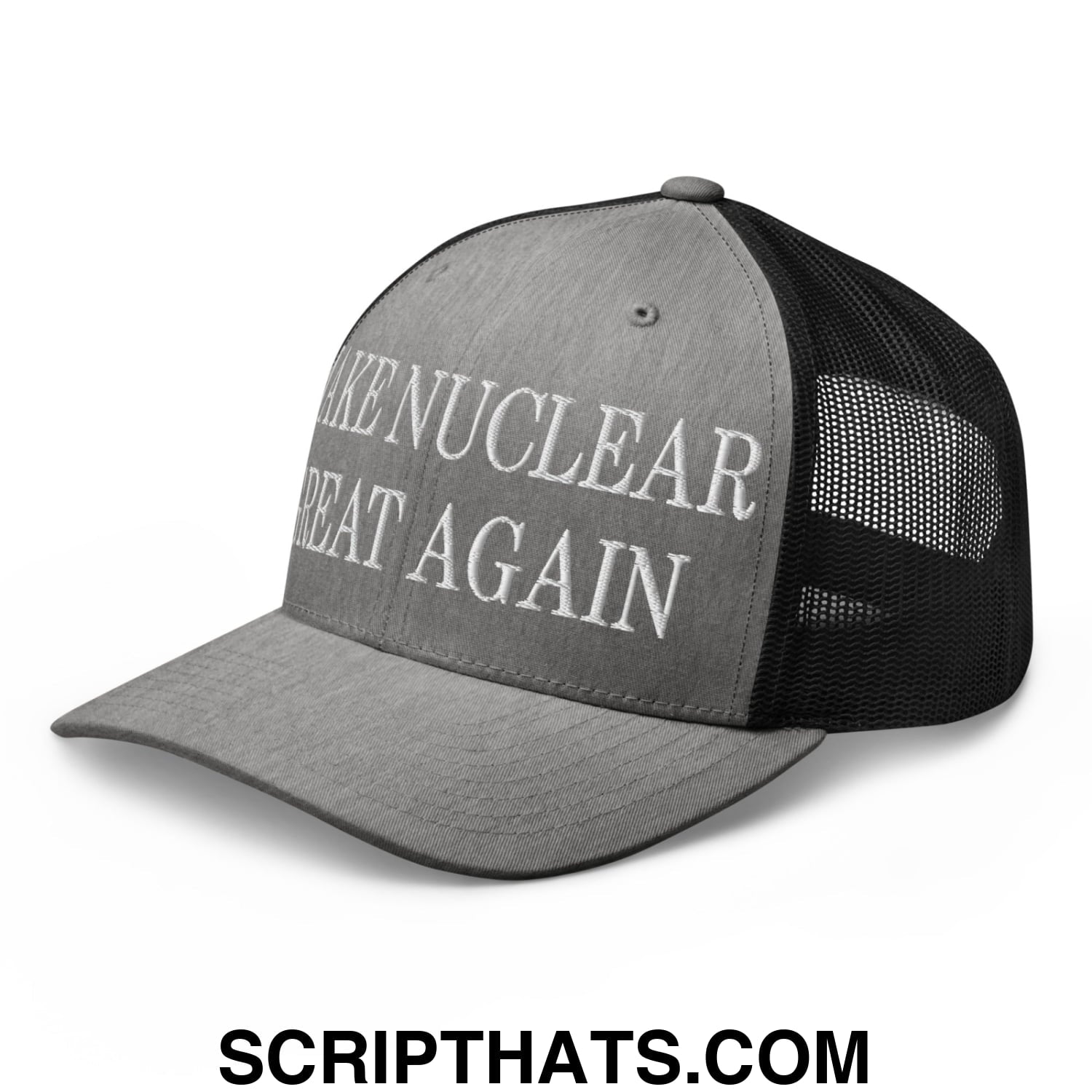 Gray and black mesh trucker hat with white embroidered make nuclear great again text on the front panel