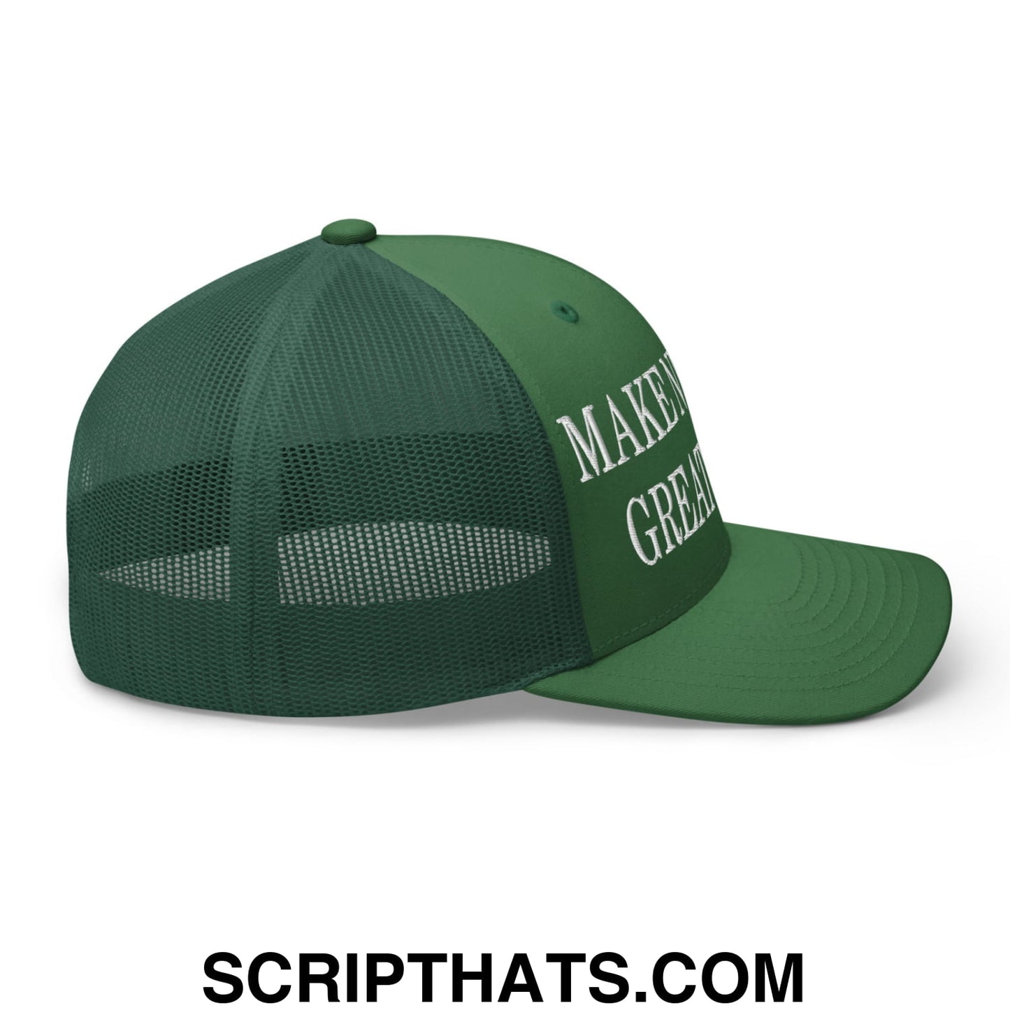 Dark green mesh trucker hat with white embroidered make america great again text on front panel