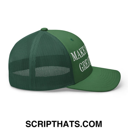 Dark green mesh trucker hat with white embroidered make america great again text on front panel