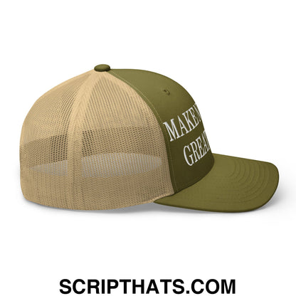 Olive green and tan mesh trucker hat with white embroidered make america great again text on front panel