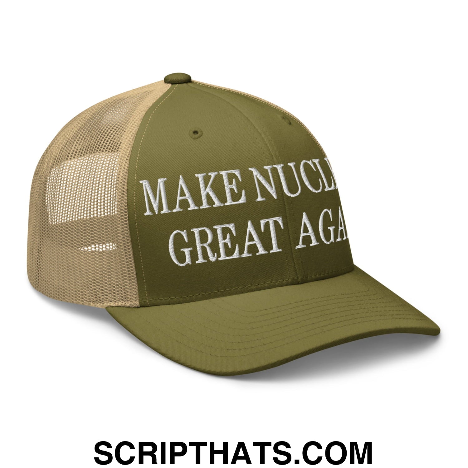 Olive green and tan mesh trucker hat with white embroidered text reading make nuclear great again