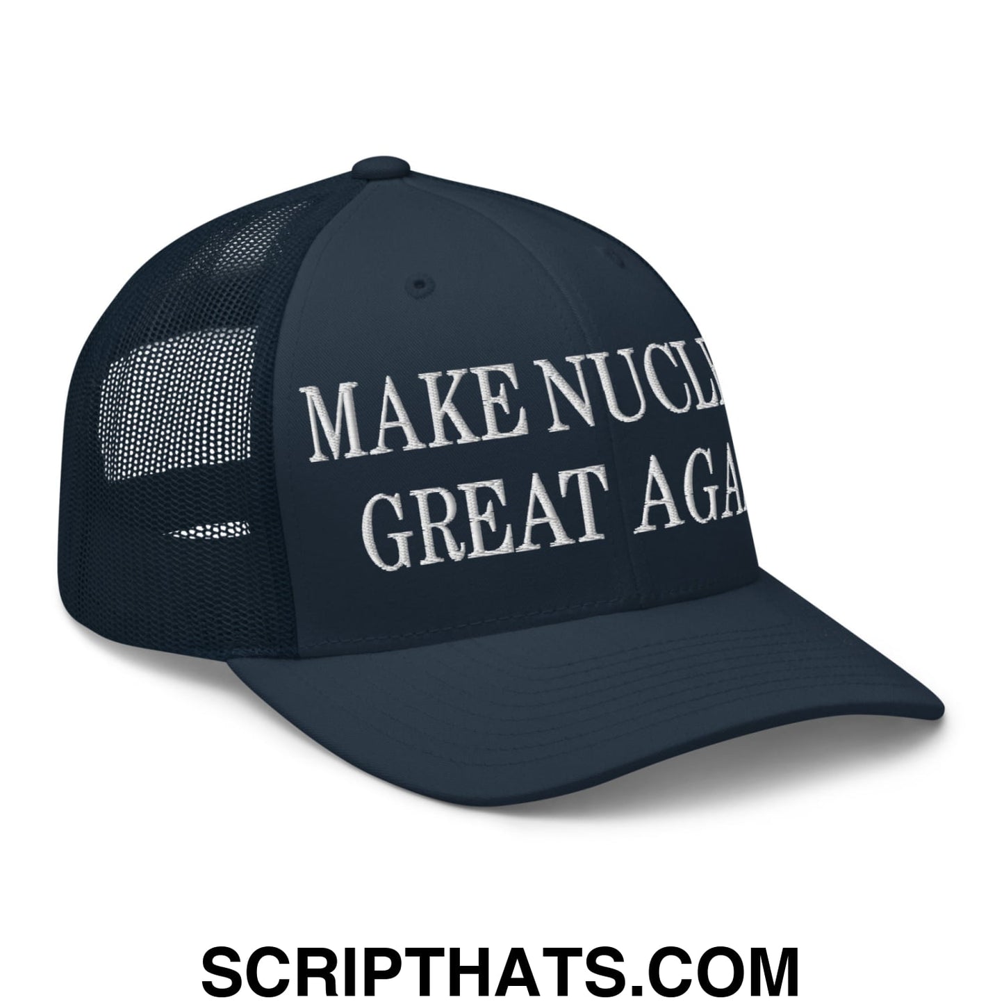 Dark navy blue mesh trucker hat with white embroidered text make nuclear great again on front panels