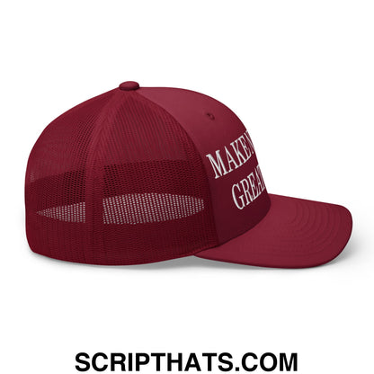 Maroon mesh trucker hat with white embroidered make america great again text on the side for nuclear pride