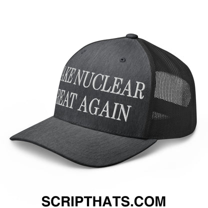 Black mesh trucker hat with white embroidered make nuclear great again text on front panels