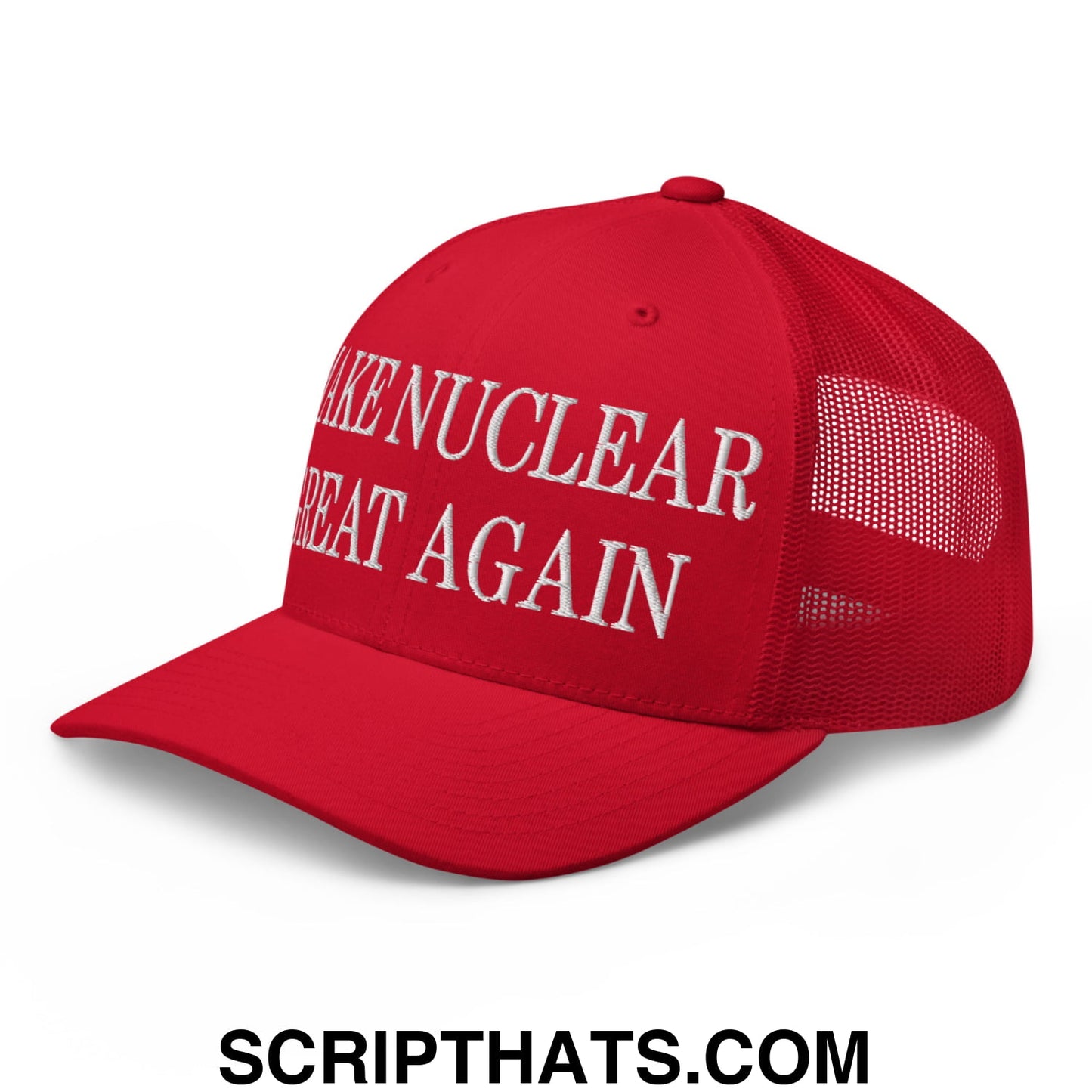 Red embroidered mesh trucker hat with white make nuclear great again text on front for casual wear