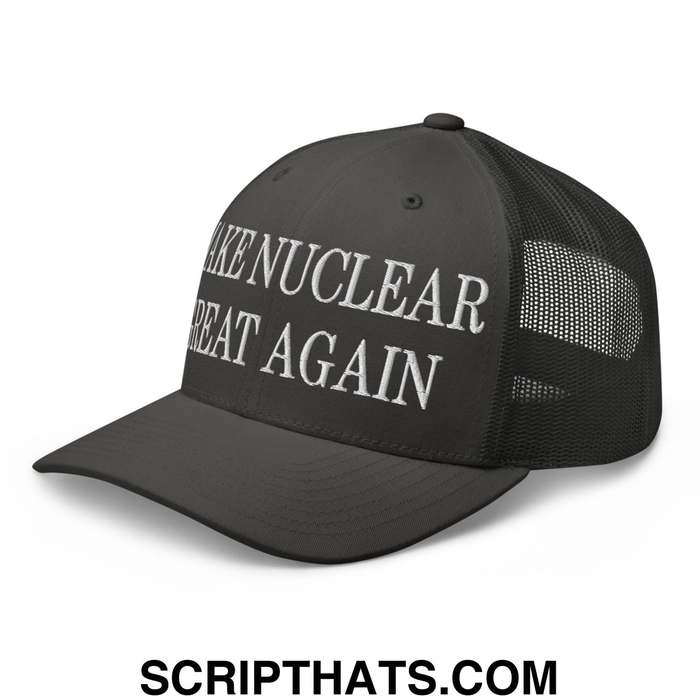 Black mesh trucker hat with white embroidered make nuclear great again text on the front panel