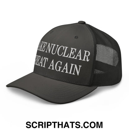 Black mesh trucker hat with white embroidered make nuclear great again text on the front panel