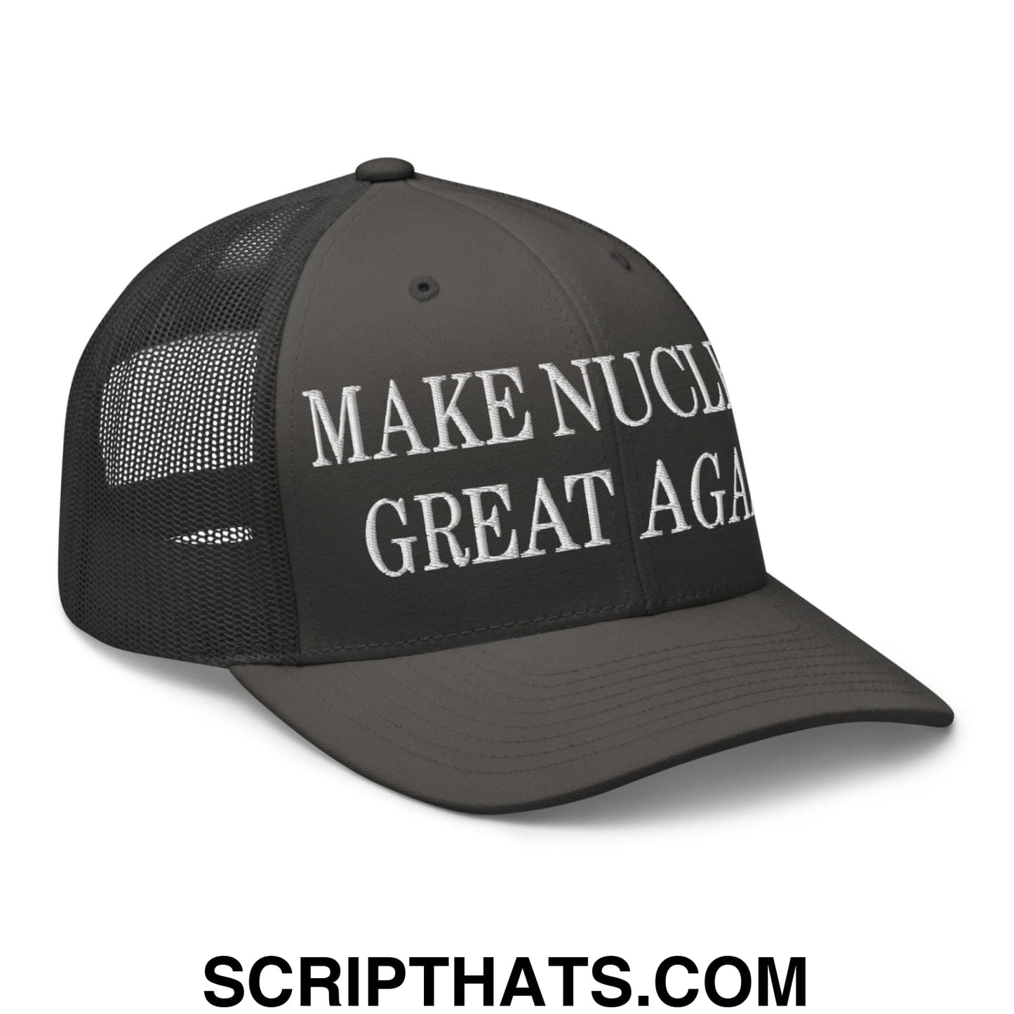 Black embroidered mesh trucker hat with white make nuclear great again text on front panels