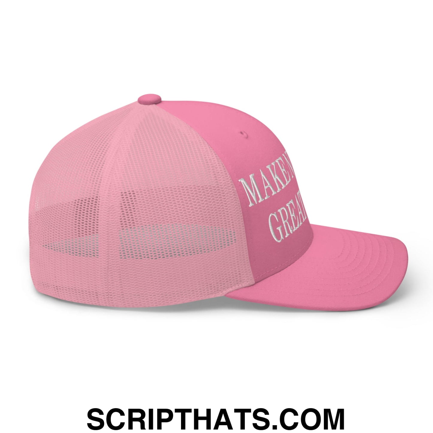 Pink mesh trucker hat with white embroidered make it great text on front panel for nuclear pride fans