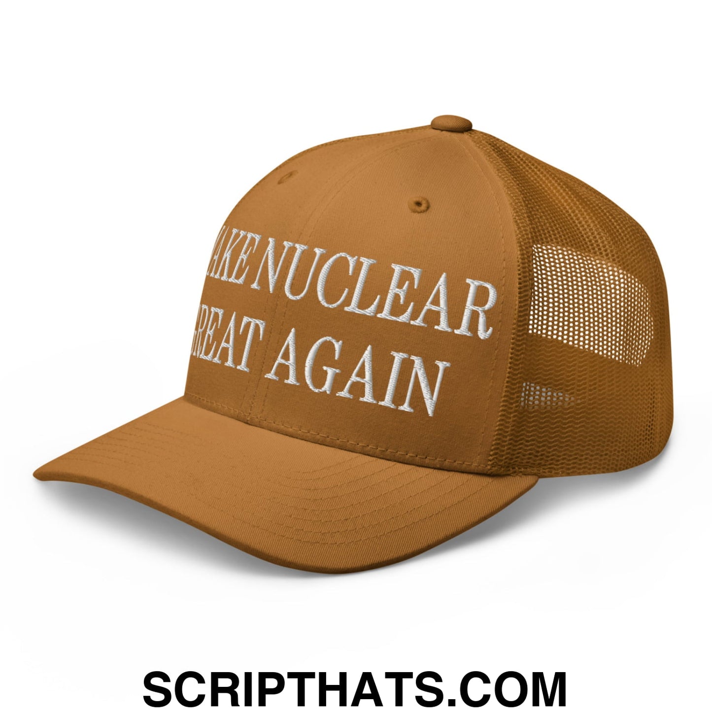 Tan mesh trucker hat with white embroidered make nuclear great again text on front panel