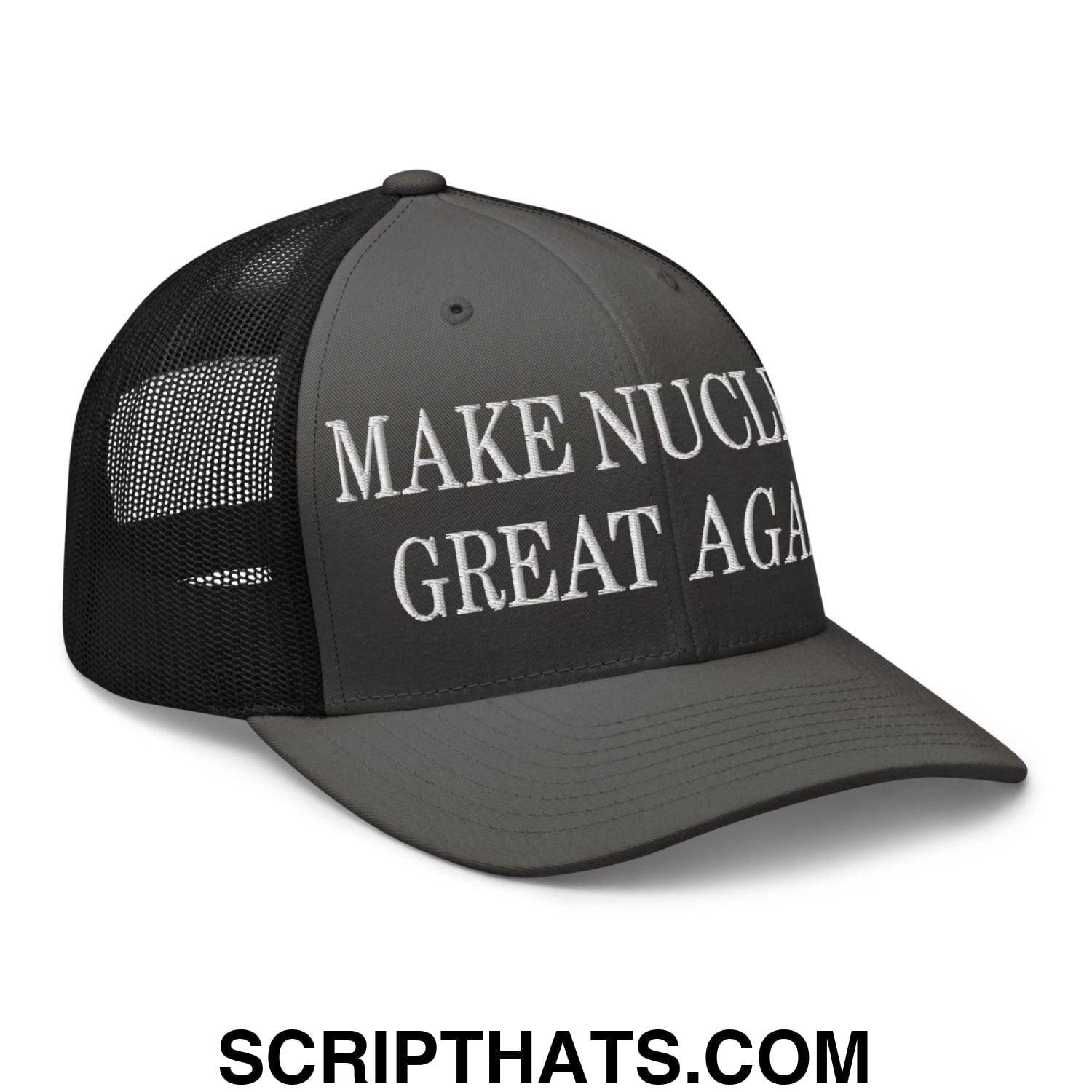 Dark gray mesh trucker hat with white embroidered make nuclear great again text on front panels