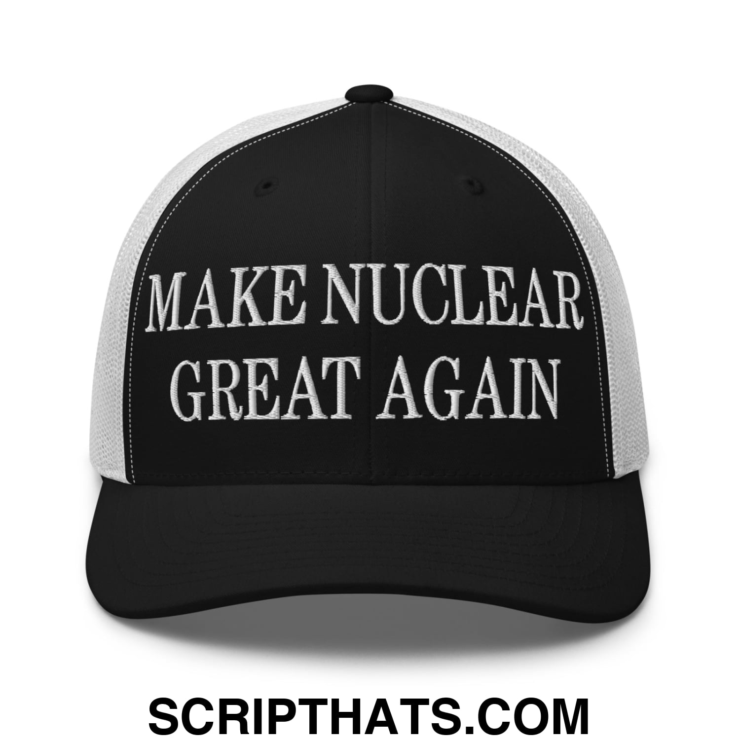 Black and white mesh trucker hat with embroidered make nuclear great again text in bold capital letters