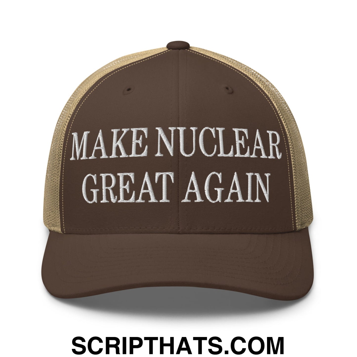 Brown and tan mesh trucker hat with white embroidered text reading make nuclear great again