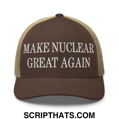 Brown and tan mesh trucker hat with white embroidered text reading make nuclear great again