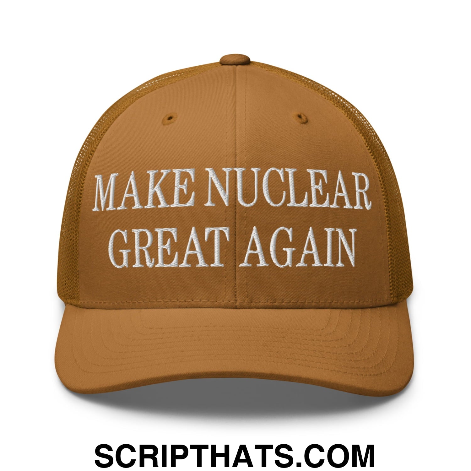 A tan mesh trucker hat with white embroidered text reading make nuclear great again on the front
