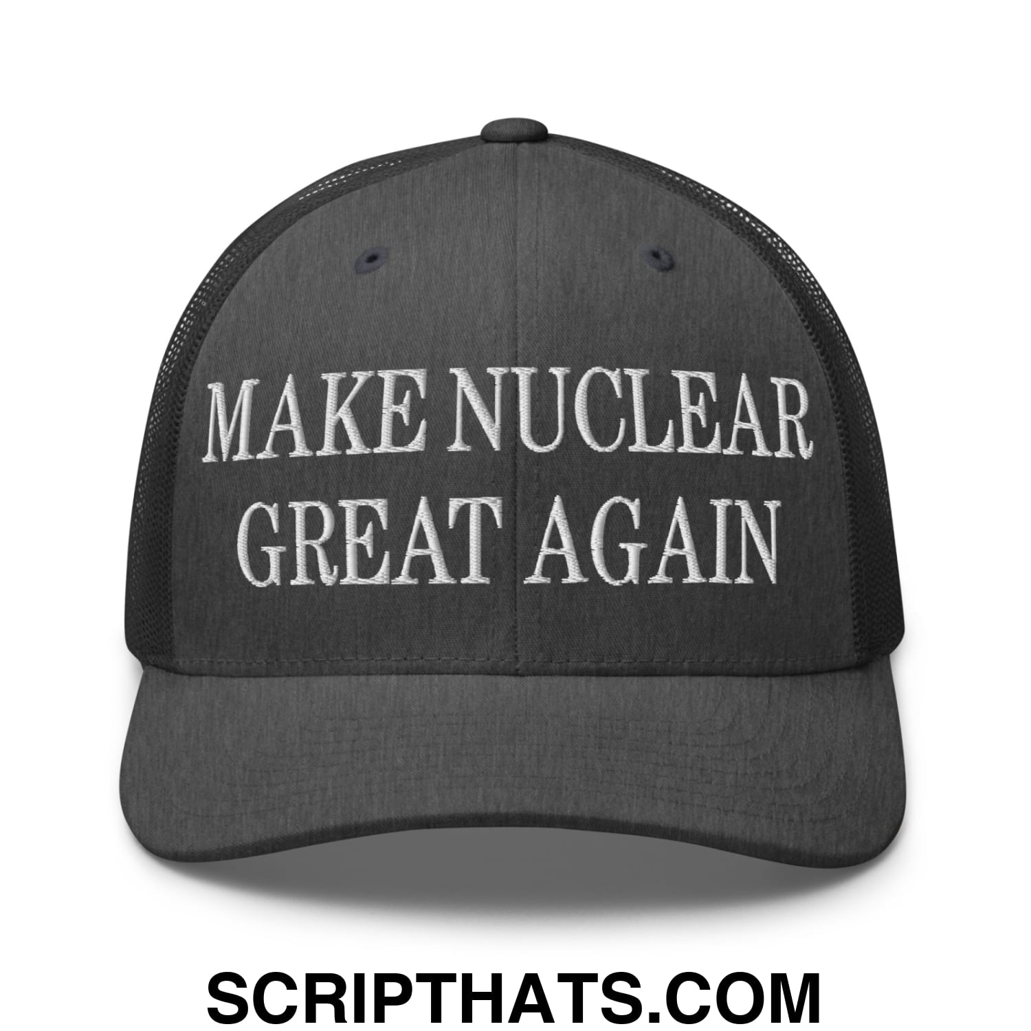 Black mesh trucker hat with white embroidered make nuclear great again text on the front panel