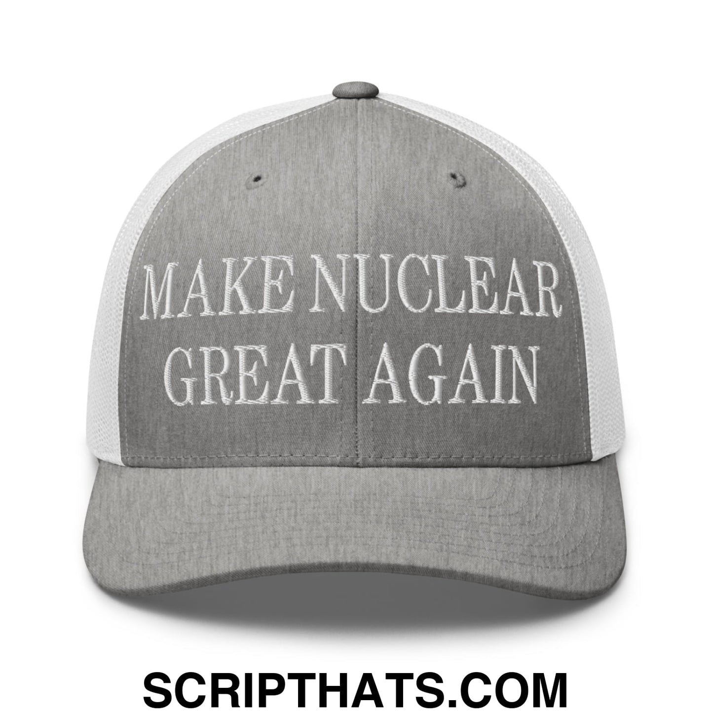 Gray and white mesh trucker hat with embroidered make nuclear great again text in bold uppercase font