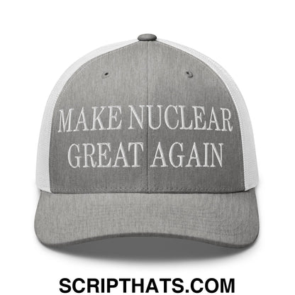 Gray and white mesh trucker hat with embroidered make nuclear great again text in bold uppercase font